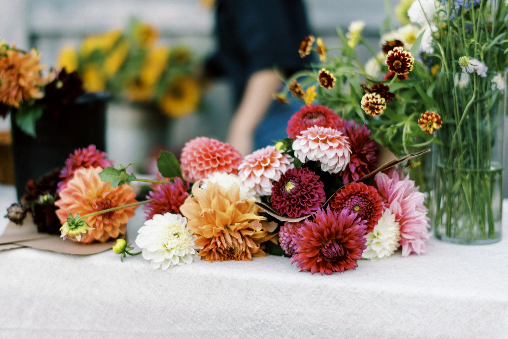 Bundle of Dahlias on Table ready for CSA